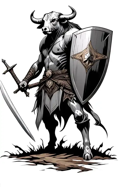 Bull Warrior With Sword And Shield Adorned