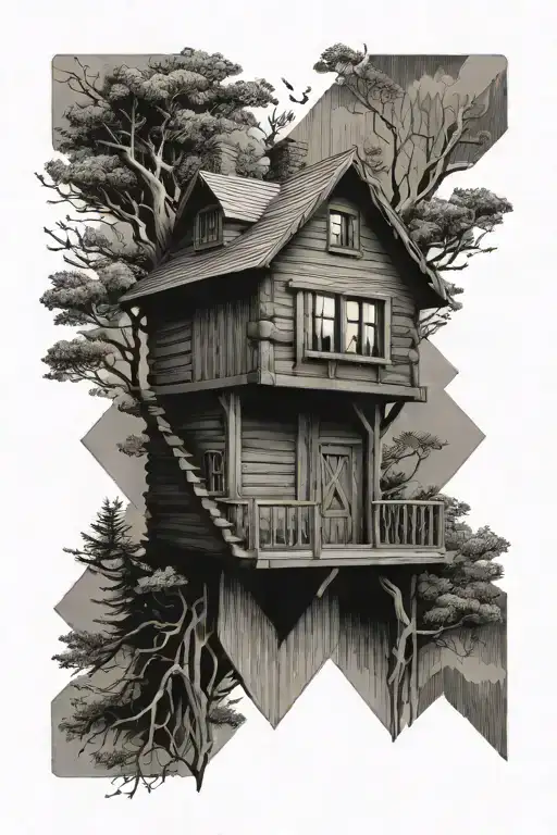 Log House In Diamond Shaped Line Outlining