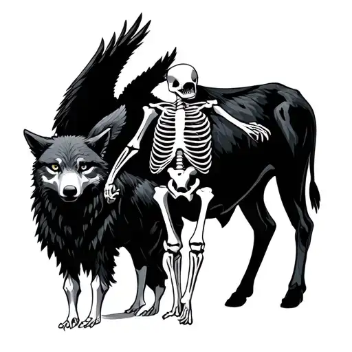 Cowbody Skeleton With Eagle And Wolf