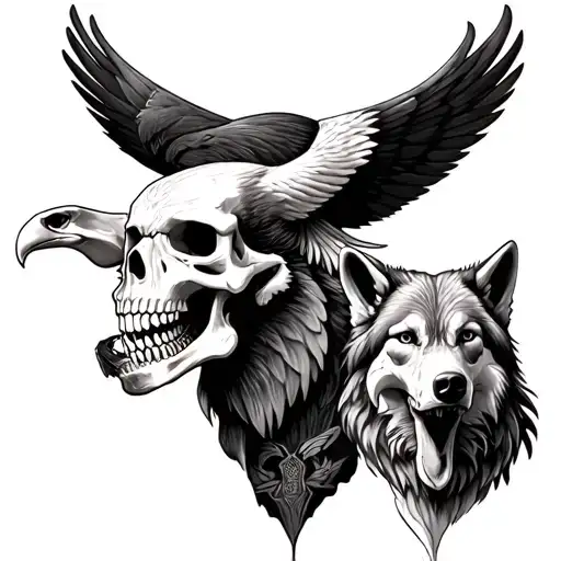 Cowbody Skeleton With Eagle And Wolf