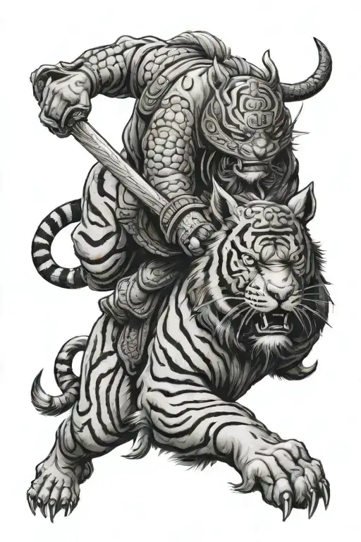 Samurai With A Helmet And Sword Riding A Tiger Facing Forward