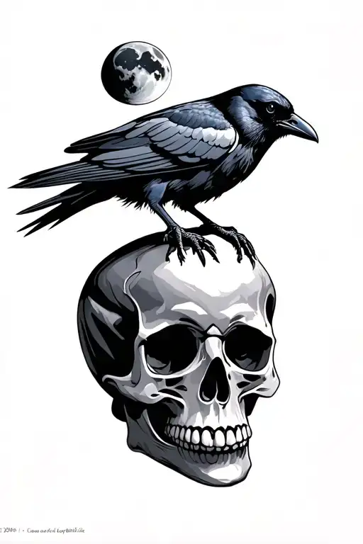 Crow Perched On A Skull With Moon Above