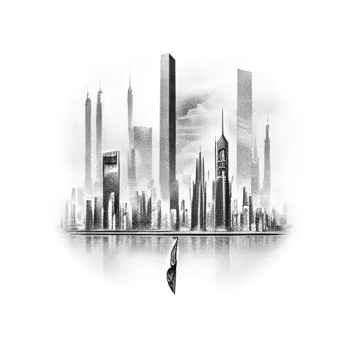 An Intricate Black And Grey Tattoo Of A Cityscape With Dollar Signs Hidden Within The Buildings