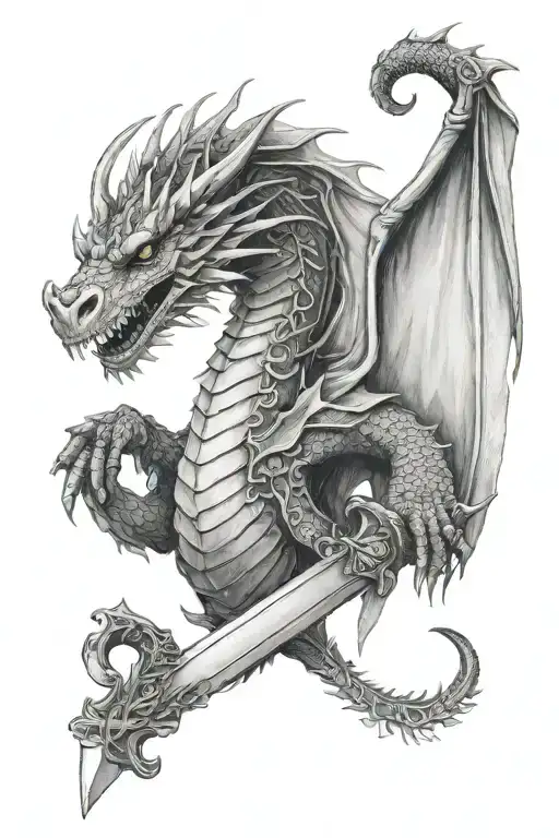 Black And White Medieval Fantasy Game Of Thrones Inspired Dragon Clutching A Sword