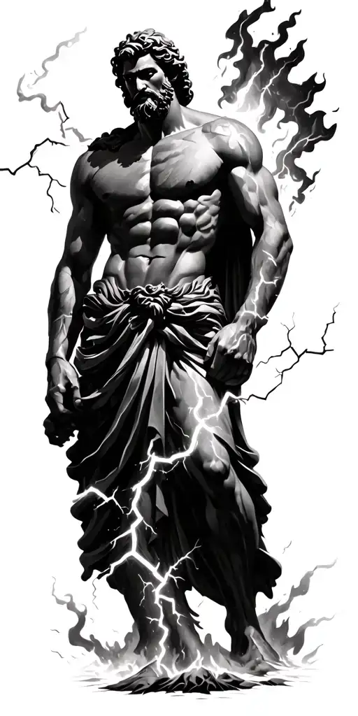 Zeus Surrounded By Lightning With Ares Under Him Surrounded By Fire