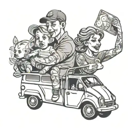 Husband And Wife With A Baby On The Woman's Arms Driving In A Car And Behind Them Are Vans With Ar