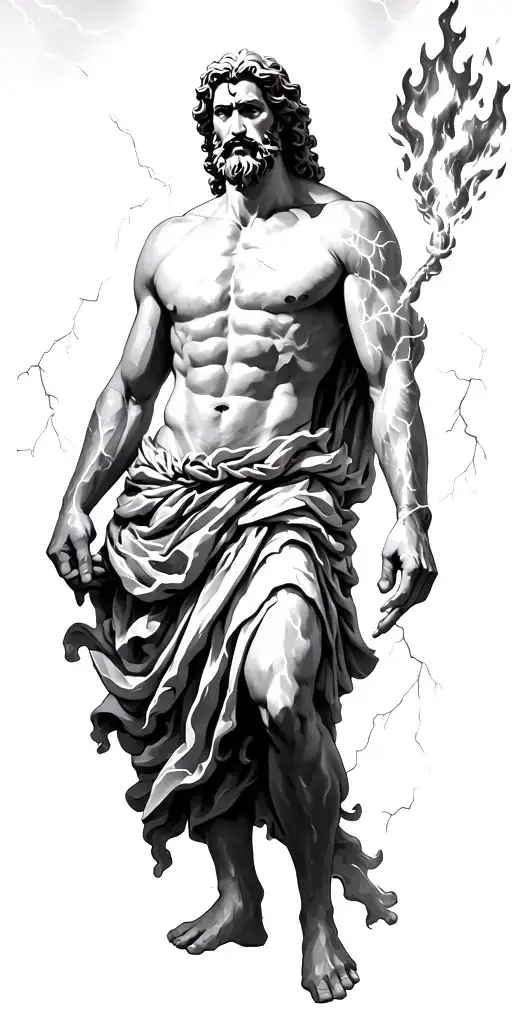Zeus Surrounded By Lightning With Ares Under Him Surrounded By Fire