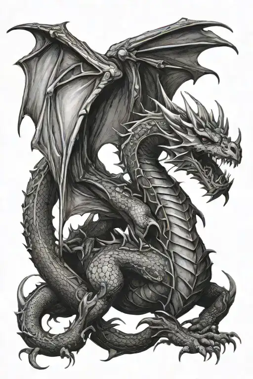 Realistic Black And White Medieval Fantasy Dragon In Gothic Style Alternative
