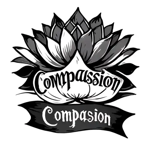 Long Black And White Tattoo With The Word Compassion In The Middle And A Lotus Flower At The Top