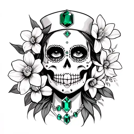 Sugar Skull Nurse With Emeralds And Daffodils