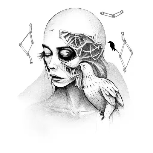 A Dead Woman Holding A Cage With A Closed Crow In Her Hand