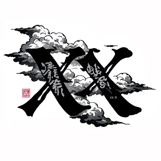 Clouds With Japanese Characters With Roman Numerals Xx And Xii