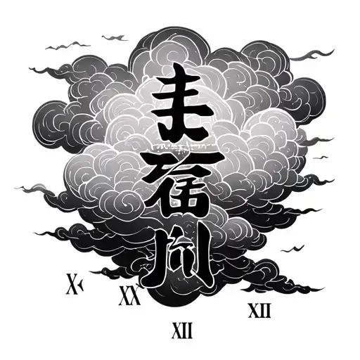 Clouds With Japanese Characters With Roman Numerals Xx And Xii On Fore Arm