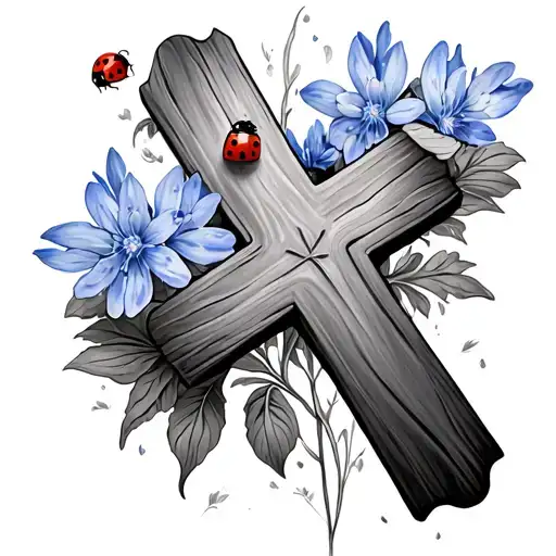 Cross With Small Ladybug And Bluebonnets In The Back