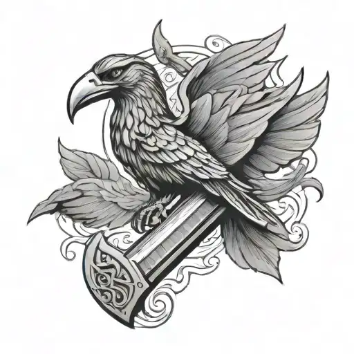 Norse Mythology Longship Thor Hammer And Raven Flying