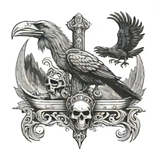 Norse Mythology Longship Thor Hammer And Raven Skull