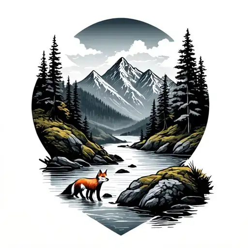 Mountains And A River With A Fox