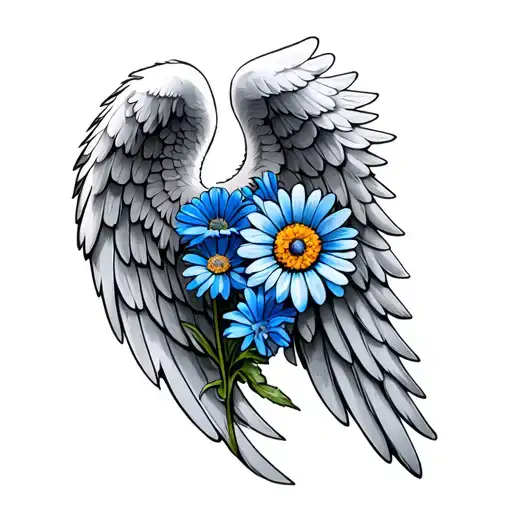Angel Wings With Blue Daisies
