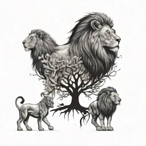 Lion And Family Tree With Each