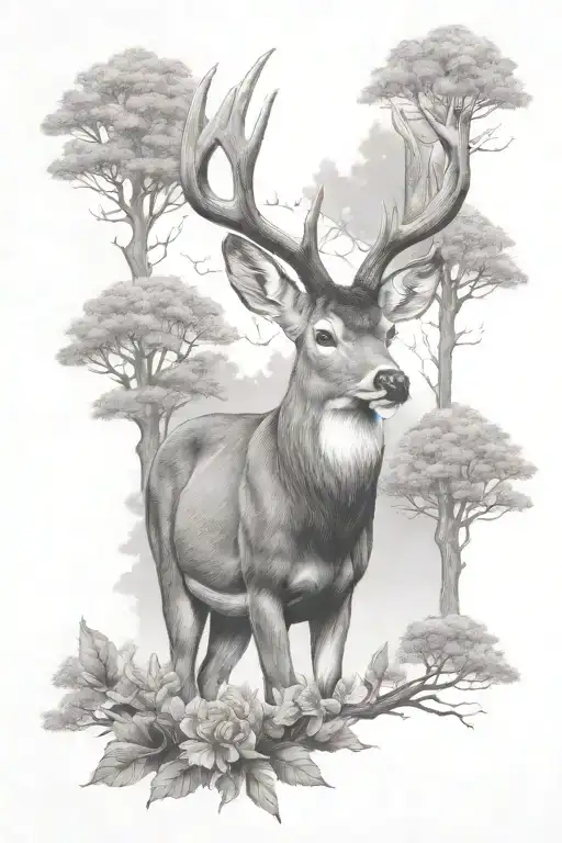 Whitetail Deer Surrounded Trees And Sky Filled