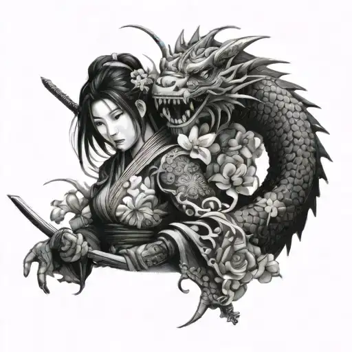 Samurai Girl And Dragon With Flowers