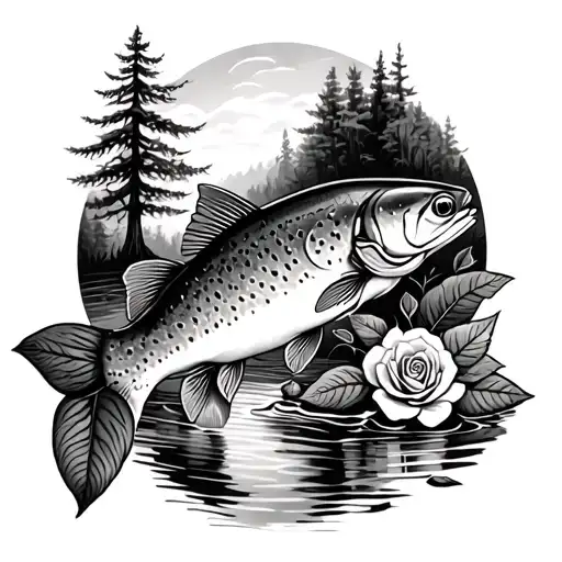 Rainbow Trout With Rose Near Tree Line In Stream Of Water