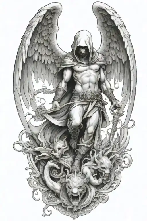 Hooded Arch Angel Defeating A Demon