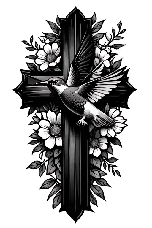 Feminine Cross Made Of Flowers With Hummingbird And Soaring Red Tail Hawk
