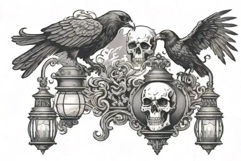 Skull And Crow Perched Ontop Of Lantern Surrounded By Smoke