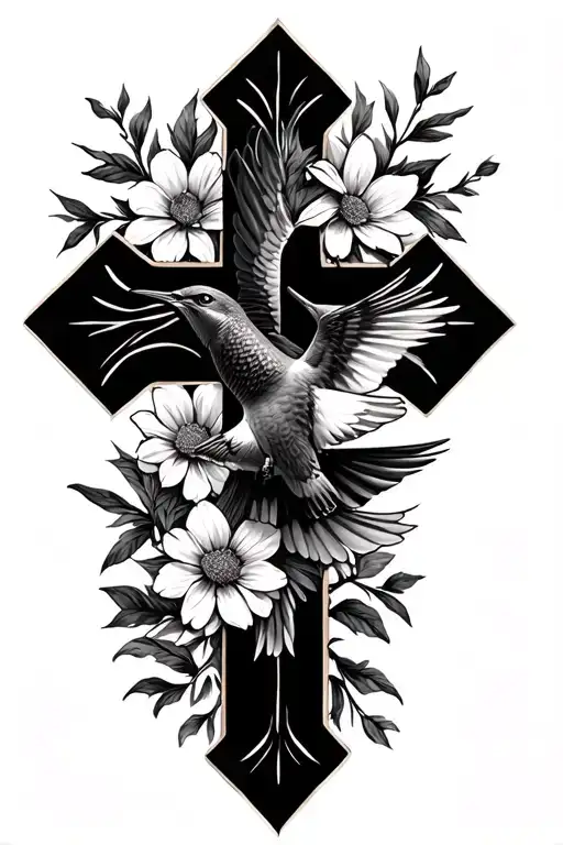 Feminine Cross Made Of Flowers With Hummingbird And Soaring Red Tail Hawk
