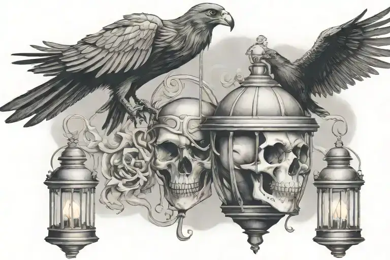 Skull And Crow Perched Ontop Of Lantern Surrounded By Smoke