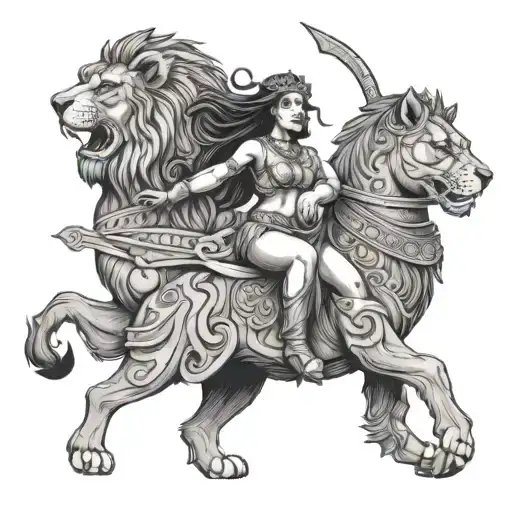 Mezopotamian Goddess Ishtar With Lion Chariot And Star Shield