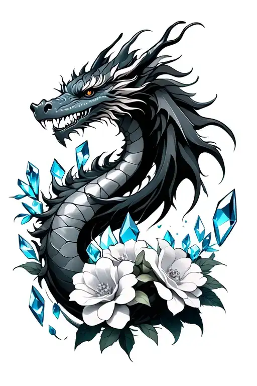 Japanese Style Dragon Surrounded By Gardenias And Blue Zircon Crystals