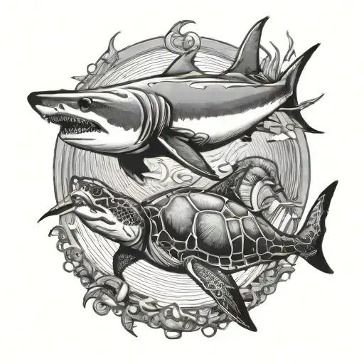 Shark Swimming With Sea Turtle Swimming