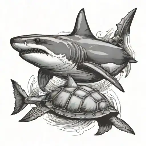 Shark Swimming With Sea Turtle Swimming Gracefully