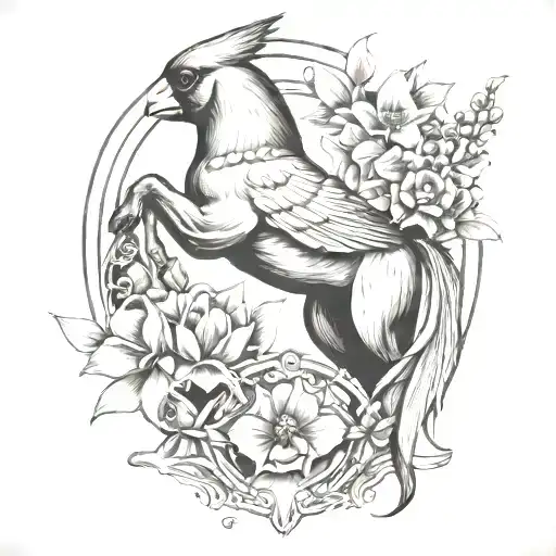 Cardinal With Flowers Perched On Horse Shoe