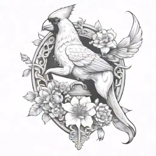 Cardinal With Flowers Perched On Horse Shoe