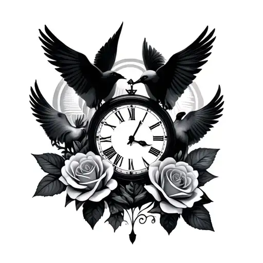 Roses And Doves With Clock And Sunrise