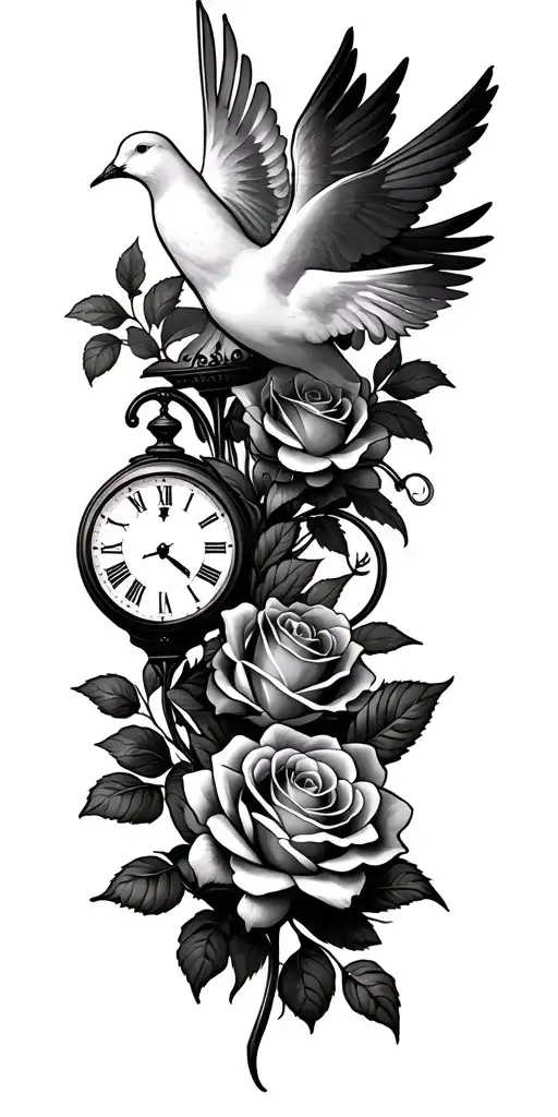 Roses And Doves With Clock And Sunrise