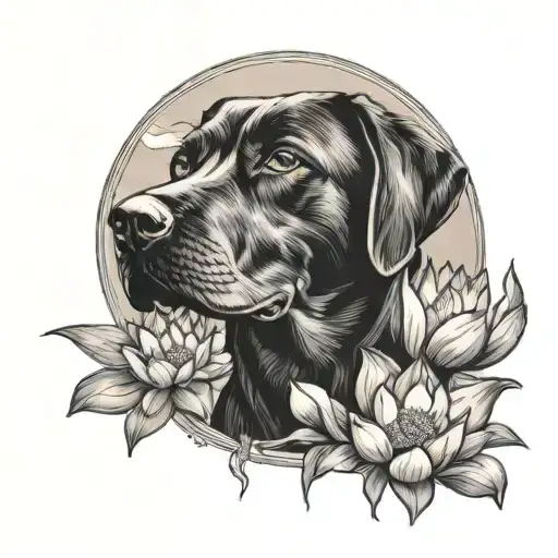 Black Lab In The Sunrise Surrounded By Lotus Flowers