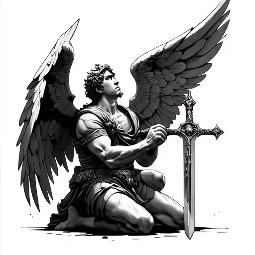 Archangel Michael On One Knee With Sword