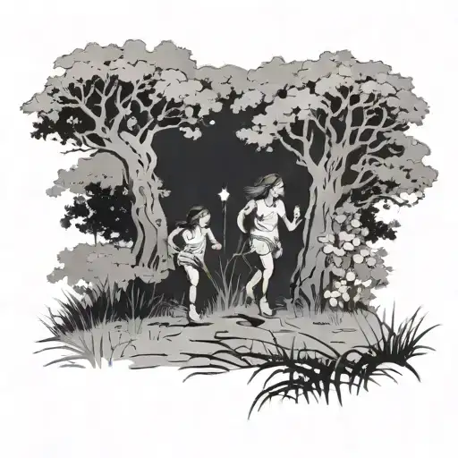 Little Girls Running Under A Tree At Night