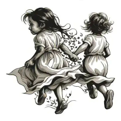 Little Girls Holding Hands In White Dresses Running Under A Tree
