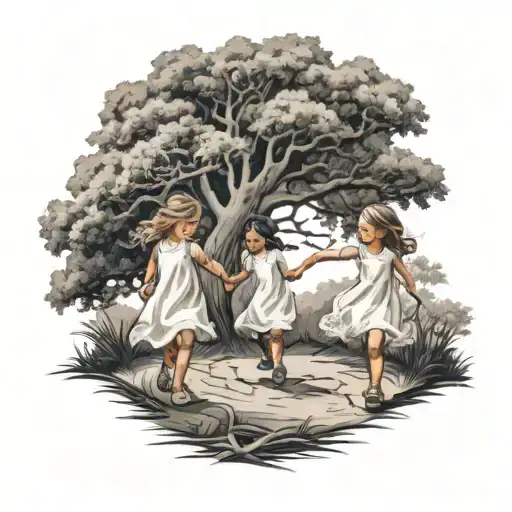Little Girls Holding Hands In White Dresses Running Under A Huge Tree