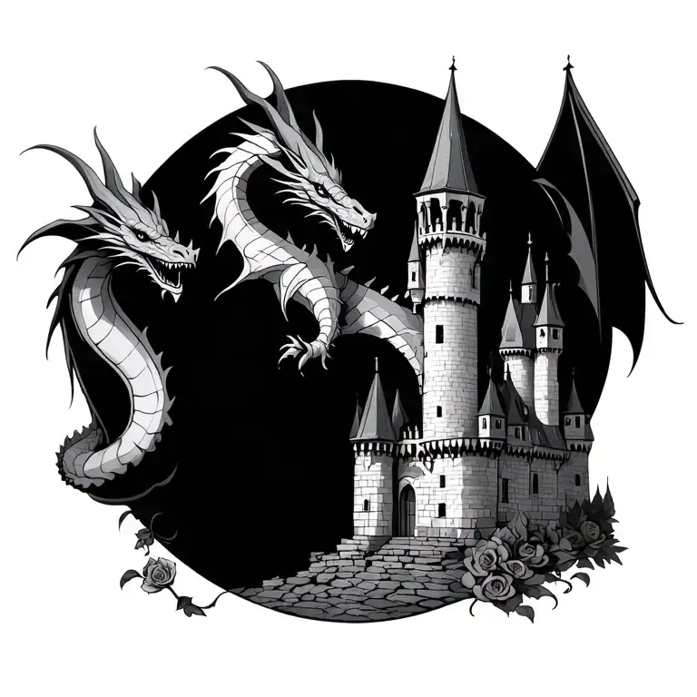 Gothic Castle With Rosales And A Dragon