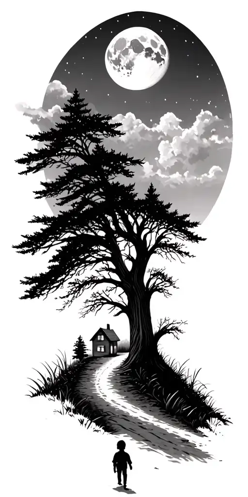 Road Through The Forest Child Walking To House Moon Sky