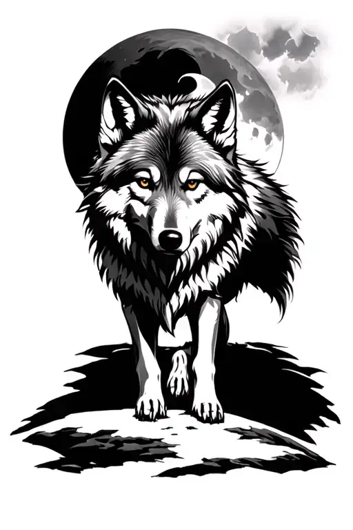 Wolf With Moon Background Black And White
