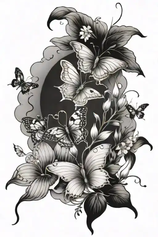 Moon Flowers And Butterflies Flying