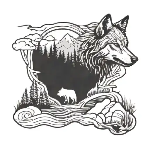 Wolf Mountain And River Flowing