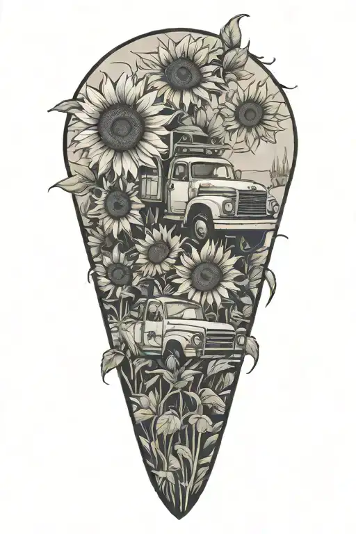 A Blackwork Tattoo Of A Truck Morphing Into A Field Of Sunflowers